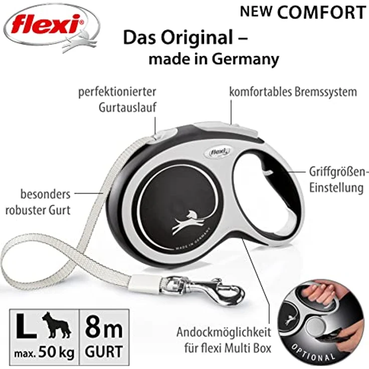 Flexi - Rollschnur New Comfort Band - 8 Meter Langes Kabel bis 50 kg - Schwarz - 1 Stück, Large – Bild 2
