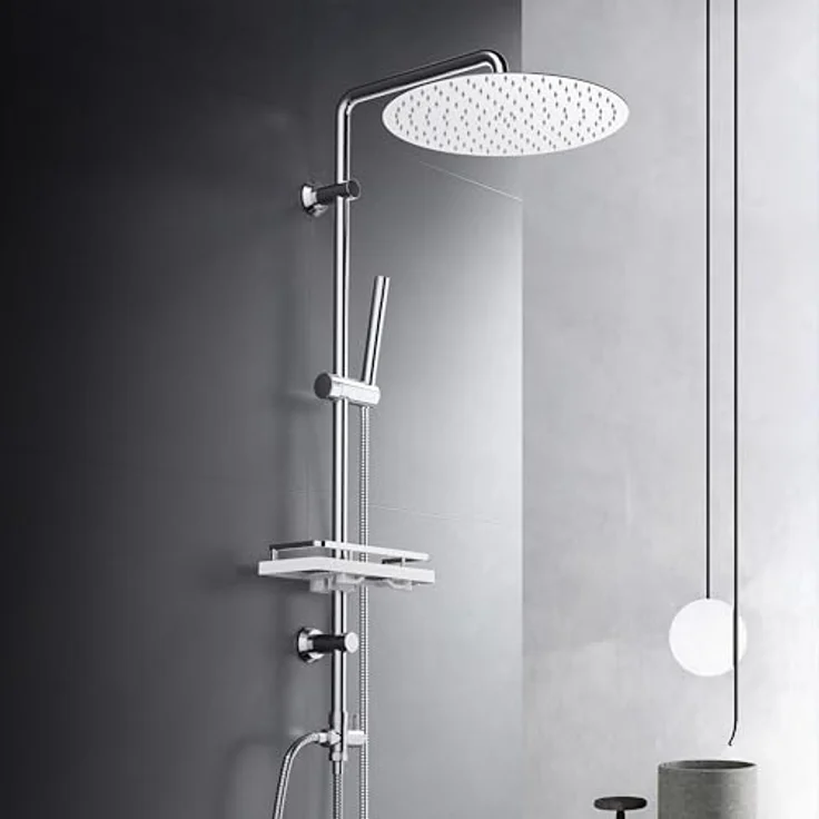 Görbach Edelstahl Duschset, Regendusche Duschsystem ohne Armatur, 30 cm Kopfbrause, verstellbare Duschstange, Duschablage Chrom – Bild 1