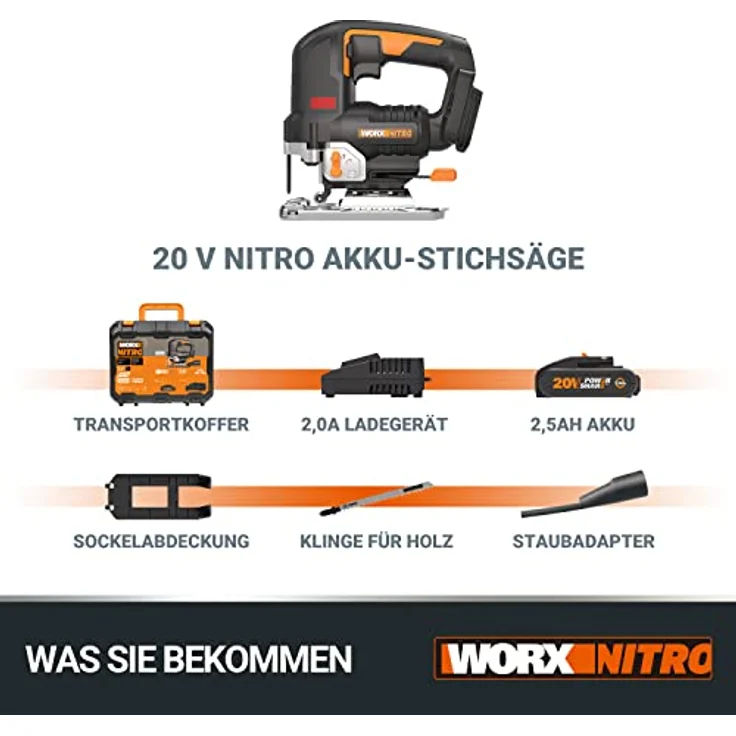 WORX NITRO WX542 Akku-Pendelhub-Stichsäge 20V - Bürstenloser Motor - Profi Stichsäge mit Absaug-Adapter - Ideal auch für Gehrungsschnitte - PowerShare kompatibel - mit Akku & Schnellladegerät, Schwarz – Bild 5