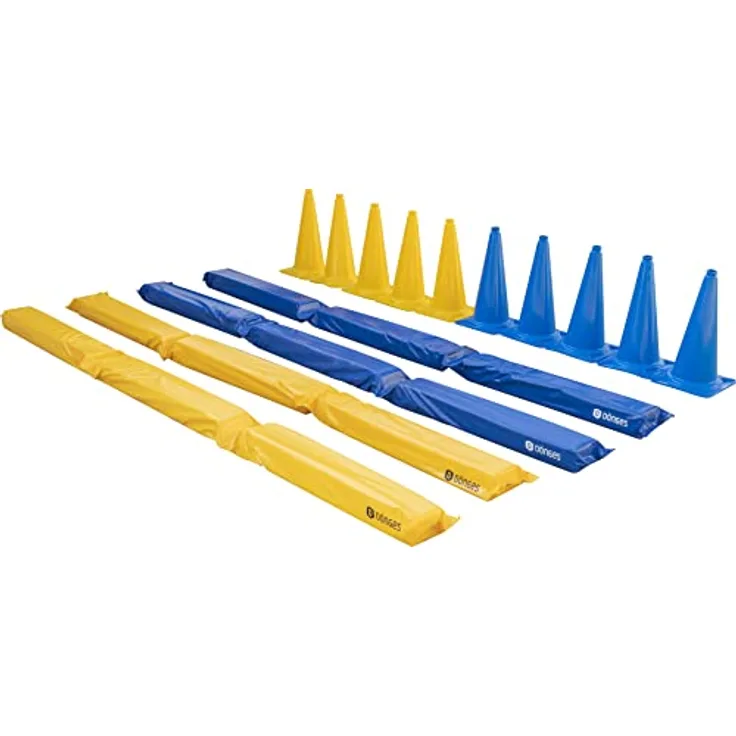 Dönges Pferdegasse Set mit 10 XXL Pylonen Blau Gelb + 4 gefüllte Balken inkl. Tragetasche - Richtläufer und Leitkegel Übungsstange Trabstange Pferdeausbildung Bodenarbeit Softstange