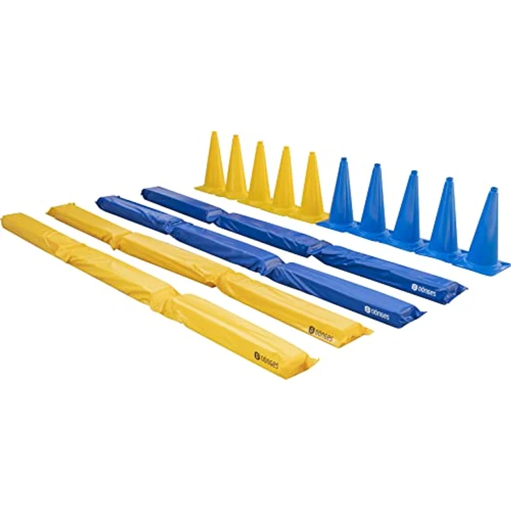 Dönges Pferdegasse Set mit 10 XXL Pylonen Blau Gelb + 4 gefüllte Balken inkl. Tragetasche - Richtläufer und Leitkegel Übungsstange Trabstange Pferdeausbildung Bodenarbeit Softstange – Bild 1
