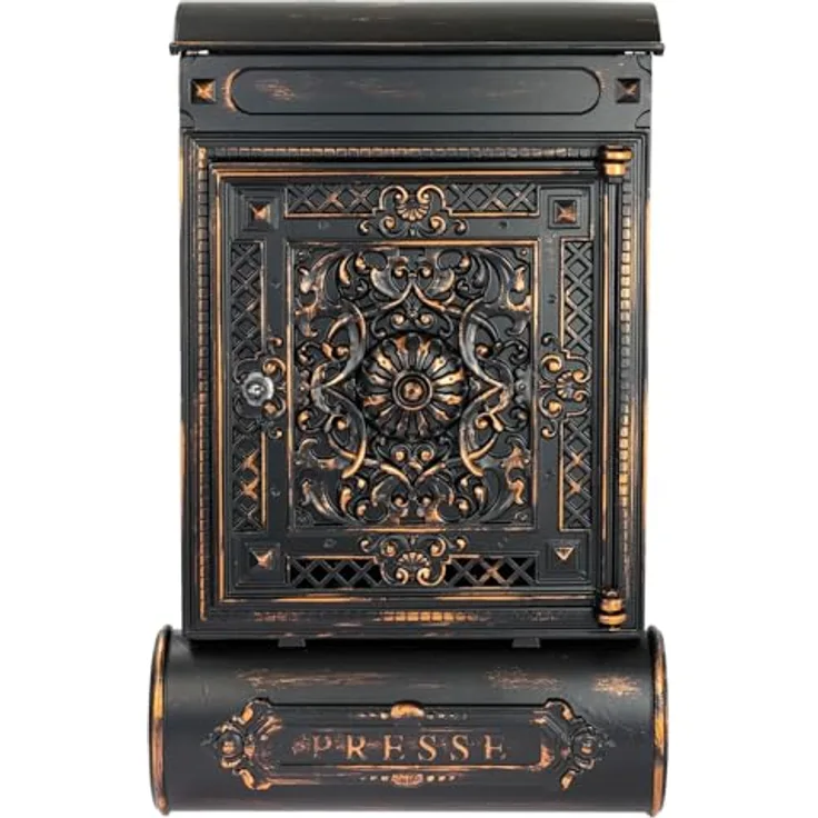 HMF 512-20 Antik Briefkasten mit Zeitungsfach, Vintage Postkasten aus Aluguss, Schwarz-Kupfer, 57 x 35 x 10 cm, wetterfest und robust