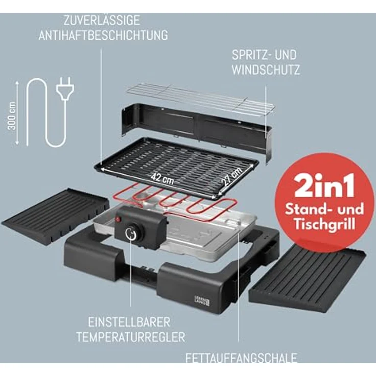 LEBENLANG 2in1 Elektrogrill Tischgrill elektrisch, 2000W mit Temperaturregler, inkl. Standfuß & Grillzange, für Balkon & Wohnung, antihaftbeschichtet, kompakt & mobil – Bild 3