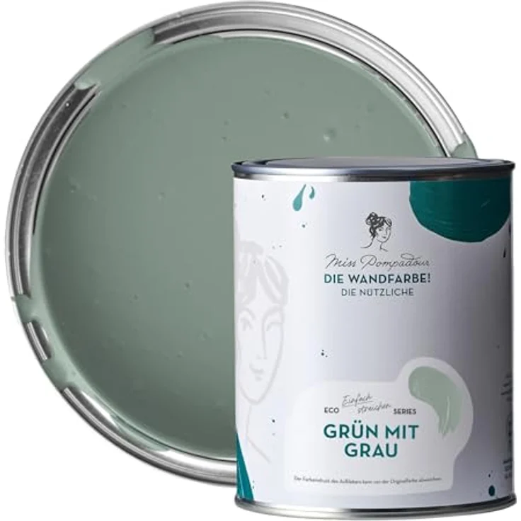 MissPompadour Wandfarbe Grün mit Grau, abwaschbare, scheuerbeständige und wasserbasierte Wandfarbe, hohe Deckkraft, 1 L – Bild 1