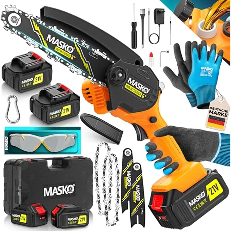 MASKO® Mini Kettensäge 800W, 6 Zoll, Akku mit 8000mAh, Automatisches Ölsystem, für Astschnitte & Holzarbeiten, inklusive Koffer, 2x 4000mAh Akkus & 2x Ersatzketten – Bild 1