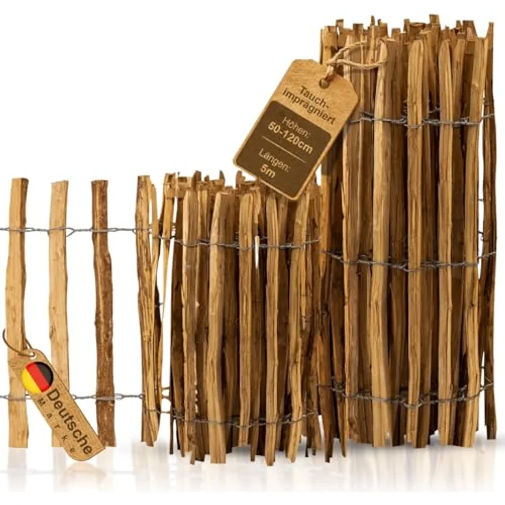 BooGardi Staketenzaun Holz, 50cm hoch aus Haselnuss, 50cm x 5m, Lattenabstand 7-9cm, imprägnierter Holzzaun für Garten und Teich
