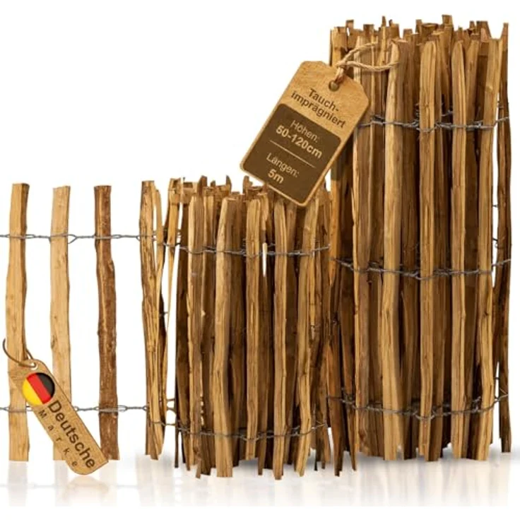 BooGardi Staketenzaun Holz, 50cm hoch aus Haselnuss, 50cm x 5m, Lattenabstand 7-9cm, imprägnierter Holzzaun für Garten und Teich – Bild 1
