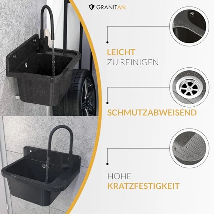 Granitan Kunststoffspüle Ausgussbecken aus Polypropylen - Waschtrog mit Siphon 50x34x31 cm, Waschbecken Set, Garagenspüle mit FLEX-Spülbeckenarmatur – Bild 6