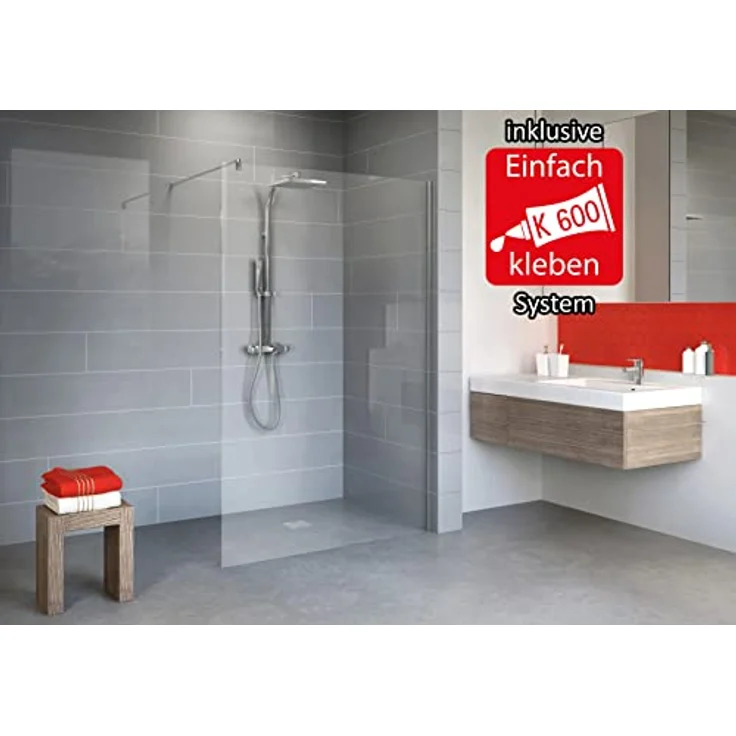Schulte Duschwand zum Kleben, 120 x 190 cm, 6 mm Sicherheitsglas ESG Klar hell, Walk In Dusche, Chromoptik, Montage ohne Bohren in die Wand-Fliese – Bild 2
