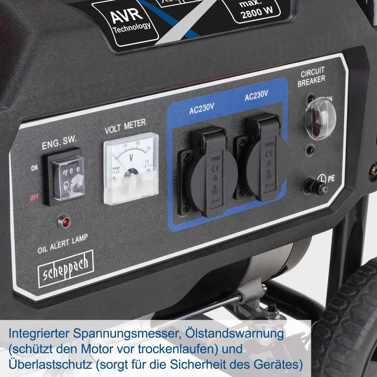 Scheppach SG3200x Generator Stromgenerator Stromerzeuger Notstromaggregat 2800 Watt, 6 PS Leistung, 15L Tank, 212 cm³ 4-Takt-Motor, 2x 230V Steckdose, inkl. Griff & Fahrvorrichtung – Bild 3