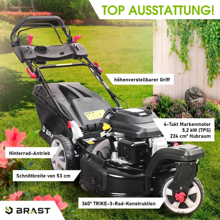 BRAST Rasenmäher Benzin Trike 5,2kW(7PS) mit Antrieb 53cm Schnittbreite 224ccm 4-Takt Motor TÜV geprüft Stahlgehäuse 60L Fangkorb 4-Takt Motor – Bild 5