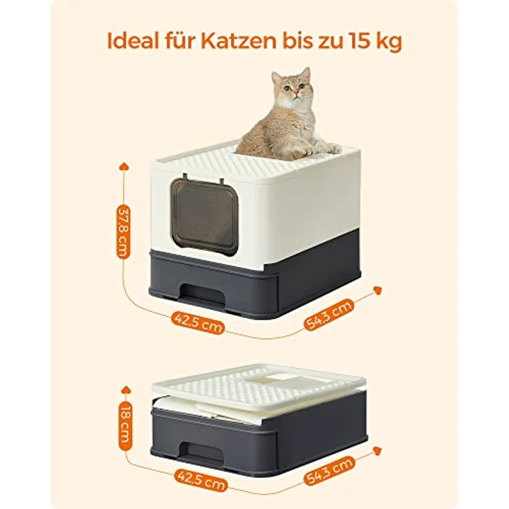 Feandrea Katzenklo, Katzentoilette, mit Deckel, ausziehbares Tablett, Schaufel, Bürste, geräumig für Katzen bis 15 kg, weniger Spuren, auslaufsicherer Boden, beige-schwarz PPT001W01 – Bild 5