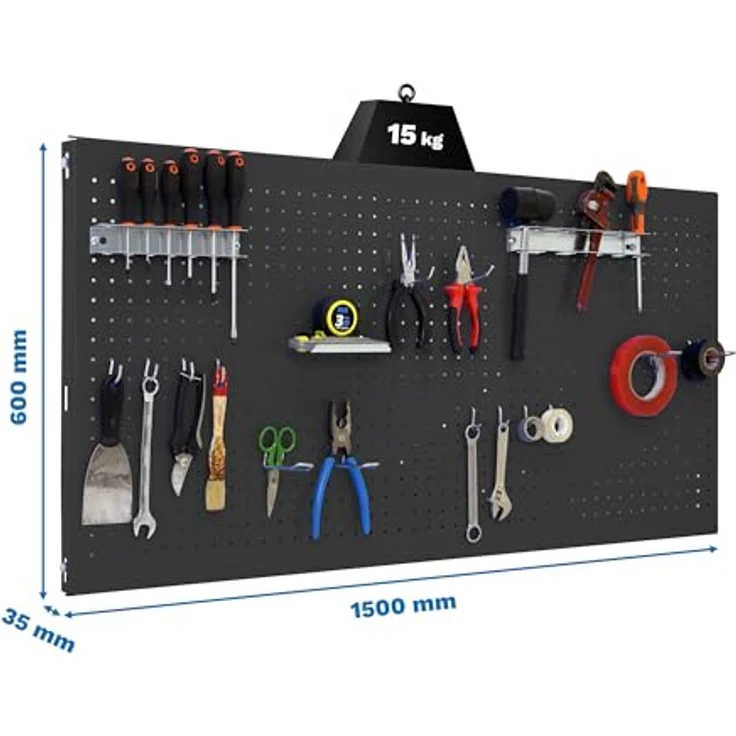 Simon Rack Werkzeugwand Simonwork, Organizer für Werkzeuge mit 14 Haken und 3 Halterungen, 1500 x 600 mm, Anthrazit – Bild 2