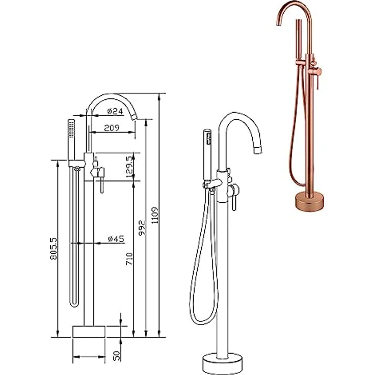 Aloni Duscharmatur CR6057-2BC, Standarmatur für freistehende Badewannen, Kupfer gebürstet, 360° drehbar, inklusive 1,5m Brauseschlauch und Handbrause – Bild 2