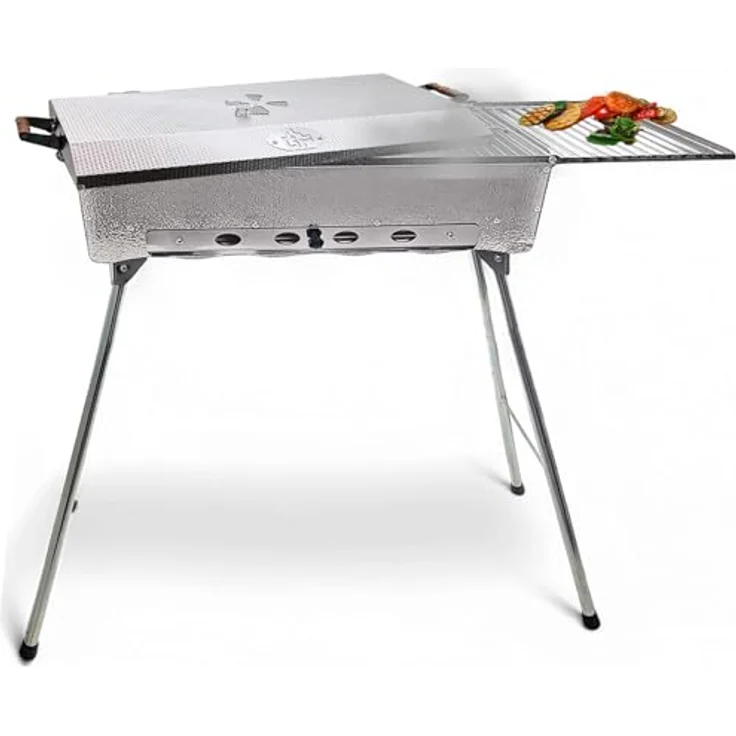 Grillpeter Holzkohlegrill Schaschlikgrill Astana Deluxe Mangal rostfreiem Edelstahl 1,5mm, mit BBQ Deckel und Seitenablage, Silber – Bild 4