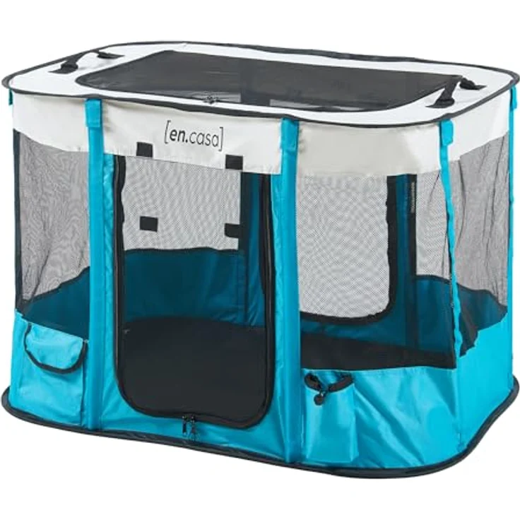 [en.casa] Welpenauslauf Mörbylånga, faltbar, 70 x 55 x 45 cm, tragbarer Pop Up Haustierlaufstall für Hund und Katze, Indoor/Outdoor, Blau/Beige – Bild 5