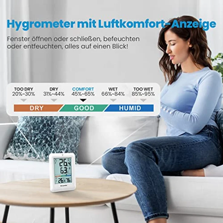 Newentor MAX MIN Thermometer Innen und Außen, Hygrometer mit Luftkomfortanzeige, Funk Wetterstation mit 1 Außensensor, Weiß, VA-Display mit Beleuchtung – Bild 3