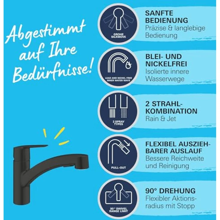 Grohe Küchenarmatur Start Einhand-Spültischbatterie, Quickfix, matte black, mit herausziehbarer Dual Spülbrause und GROHE SilkMove Technologie – Bild 5