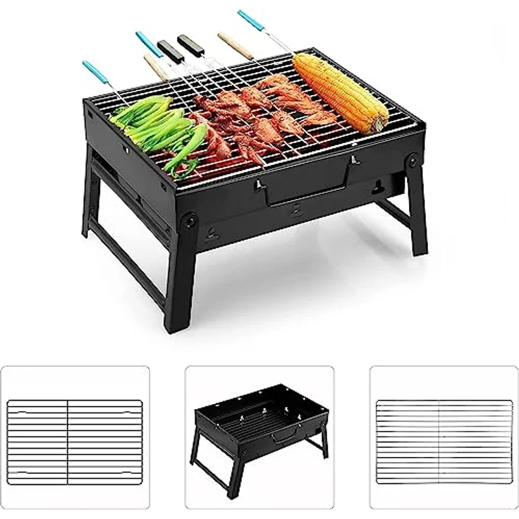 Holzkohlegrills Tragbarer Grill Edelstahl Holzkohle Smoker Char Broil BBQ Pit Grill für Outdoor Camping (Mittel), Schwarz – Bild 4