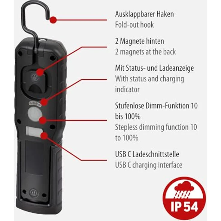 Brennenstuhl LED Akku Handleuchte HL 701 A, 700+100lm, IP54, mit USB C Ladekabel, bis zu 10h Leuchtdauer, Magneten und Haken – Bild 3
