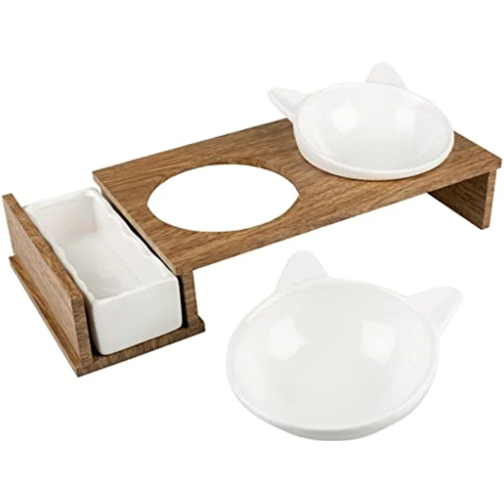 duvoplus, Set mit 3 Keramikschalen für Katzen, Modell Stony Up, Ständer aus Polywood, 3 Schalen zum Essen, Trinken und Katzenminze, spülmaschinenfest, 250 ml + 350 ml, Weiß – Bild 2