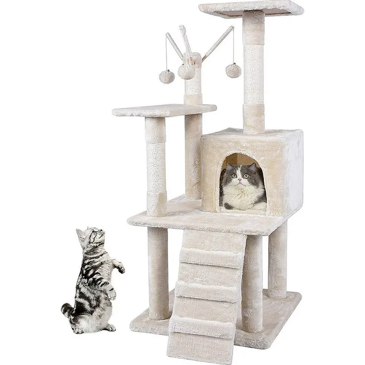 Feel2Home Kratzbaum Kratzbaum 121cm Katzenbaum Beige Katzenkratzbaum Katzen Kletterbaum mit Sisalstämmen und gemütlicher Höhle