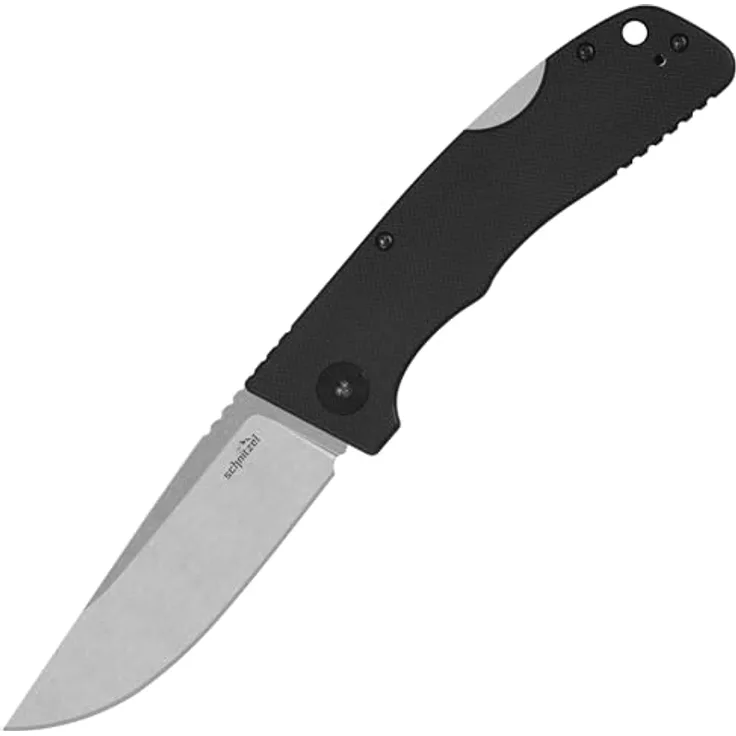 SCHNITZEL KVAR – Outdoor Taschenmesser - Sandvik 14C28N Schwedenstahl - G-10 Griffschalen - Bushcraft Klappmesser - EDC Messer Freizeitmesser Erwachsene - §42A Konform (Schwarz, Stonewashed)