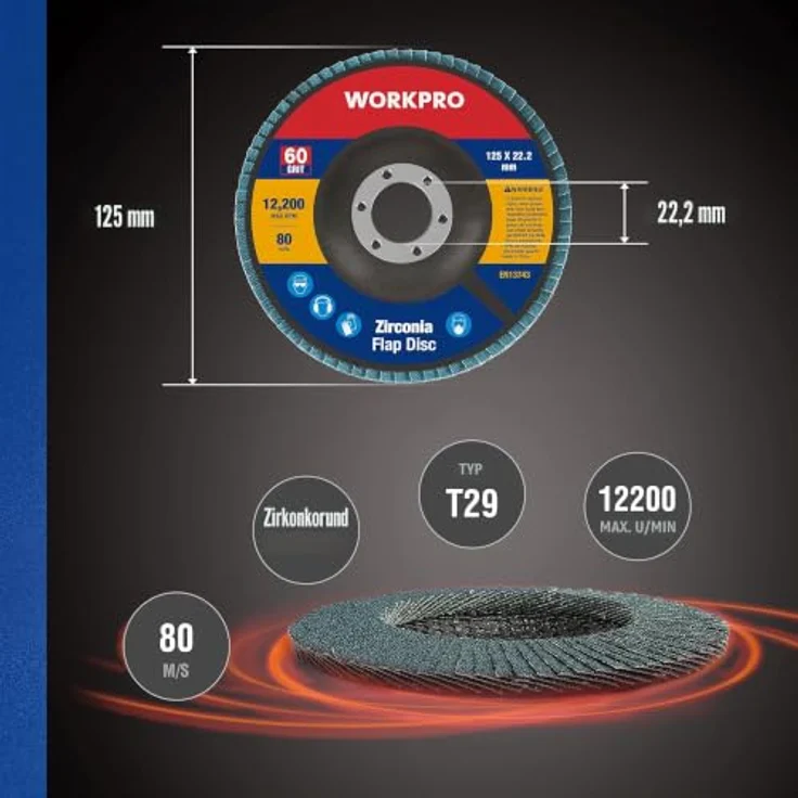 WORKPRO Profi Fächerscheiben 10 Stück Ø 125 mm x 22,2 mm, Körnung 60, Blau, für Edelstahl, Metall und Holz – Bild 4