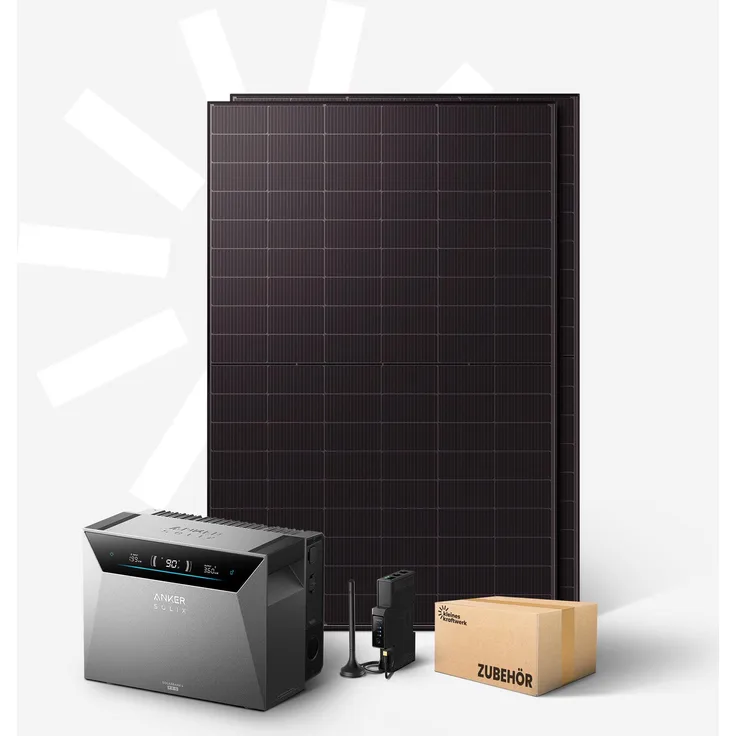 Kleines Kraftwerk Duo XL 1000W, Balkonkraftwerk ohne Halterung, bifazial mit Anker Solarbank 4 Pro, 5.024 Wh LiFePO4 Speicher, erweiterbar auf 30,1 kWh