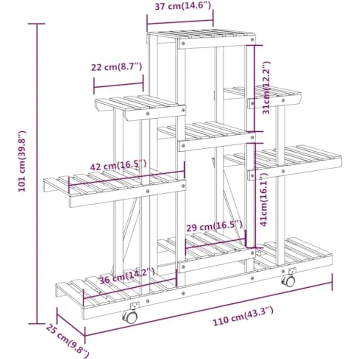 vidaXL Blumenständer, Pflanzständer mit Rollen 110x25x101 cm Massivholz Tanne, Karbonisiertes Braun, 360 Grad drehbare Rollen – Bild 4