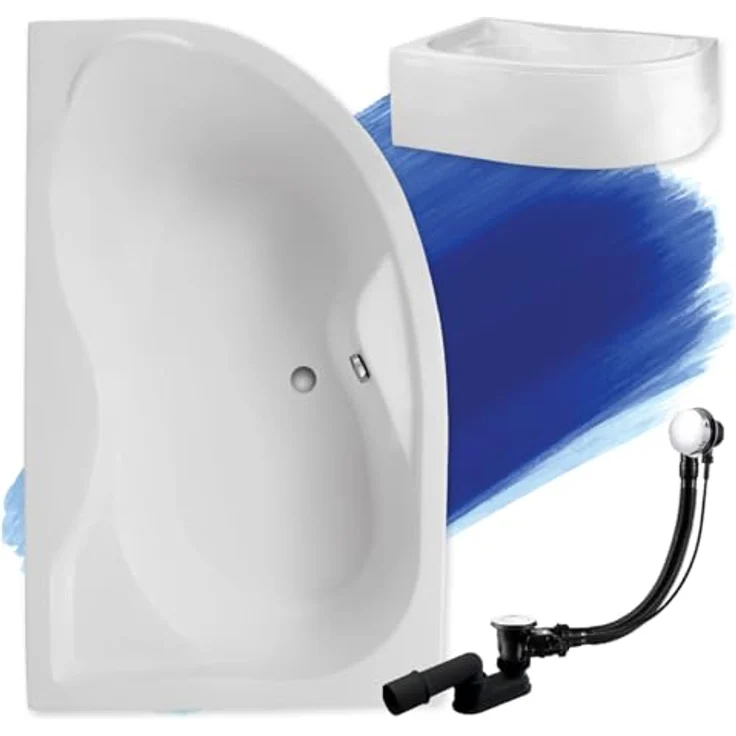 Polimat BADLAND DORA Eckbadewanne, 170x110 cm, Weiß Acryl, Komplettset mit Chrom Automatik Ablaufgarnitur und Acrylschürze, Made in EU – Bild 1