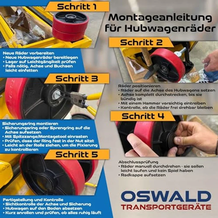 OSWALD Transportgeräte Gabelhubwagen Räder & Rollen Satz, Polyurethan Tandem, 2 Lenkräder & 4 Lastrollen, Tragkraft 750 kg, inkl. Kugellager – Bild 7