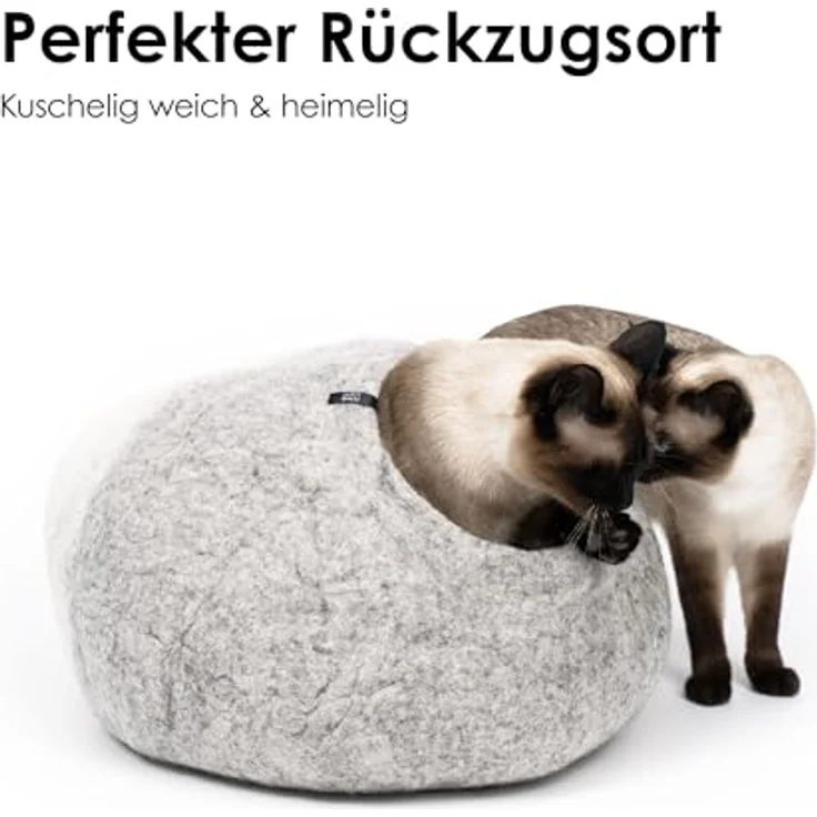 LucyBalu® Premium Katzenhöhle, handgefertigte Filzhöhle aus 100% neuseeländischer Schafwolle, 45x45x28 cm, hellgrau/weiß, hygienisch und kuschelig – Bild 2