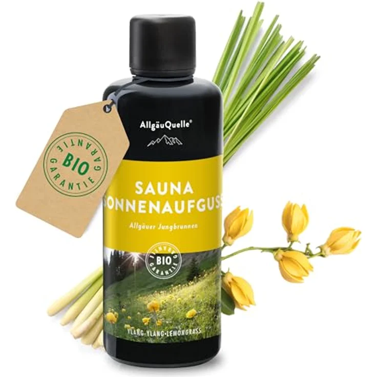AllgäuQuelle® Sauna Aufgussmittel Jungbrunnen mit 100% Bio Ölen, Ylang-Ylang und Lemongrass, 100ml, natürliche Zutaten in hochwertigem Bio-Energie-Glas – Bild 1
