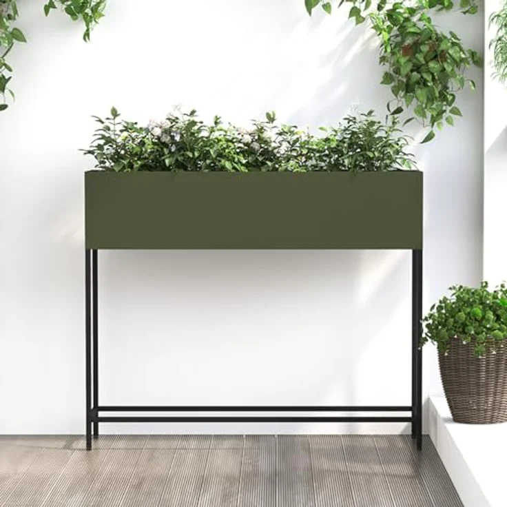 vidaXL Olivgrüner rechteckiger Pflanzkübel Stylischer Metall Pflanzenbehälter Für Innen und Außen 100 x 26 x 82 cm Modern Garten Deko Akzentständer Balkon – Bild 2