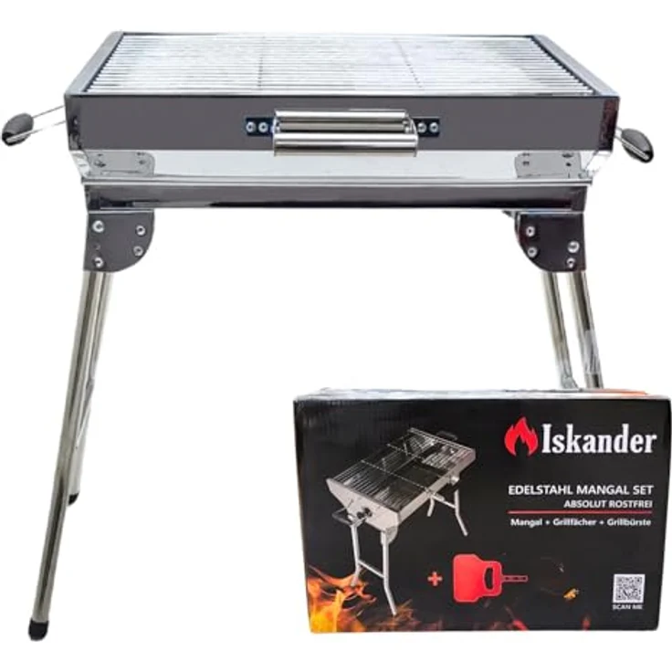 Grillpeter Holzkohlegrill Mangal Iskander Schaschlikgrill Edelstahl mit Grillrost, tragbar und rostfrei, Silber – Bild 6