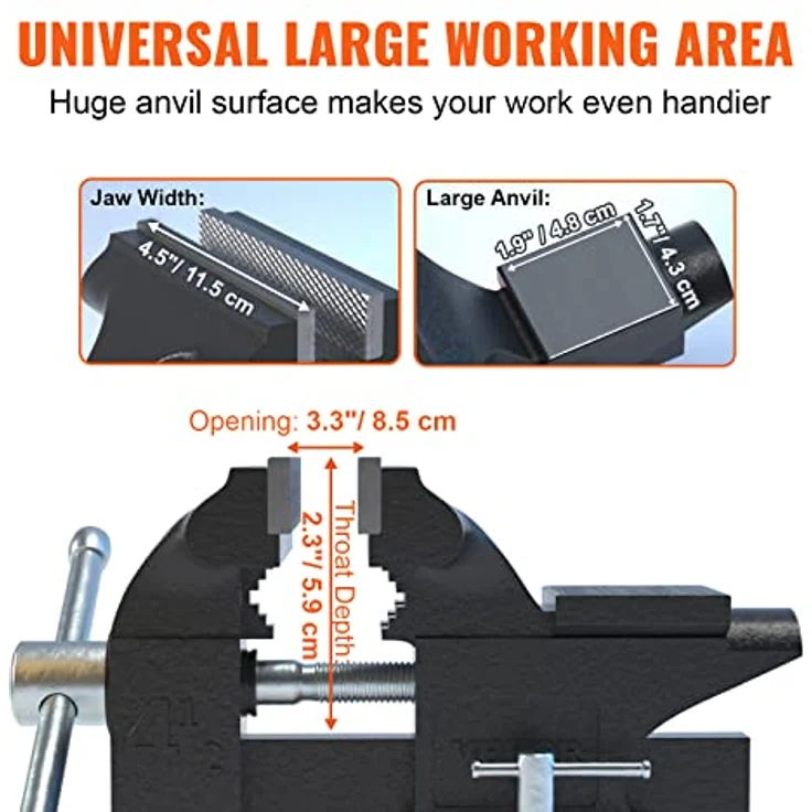 VEVOR 11,5cm Schraubstock 240° Drehbar Sphäroguss Werkbankschraubstock 1,5-4,5cm Rohrspanndurchmesser Schraubstock 8,5 cm Backenöffnung Parallelschraubstock Ideal zum Schärfen Schleifen Schneiden usw. – Bild 3