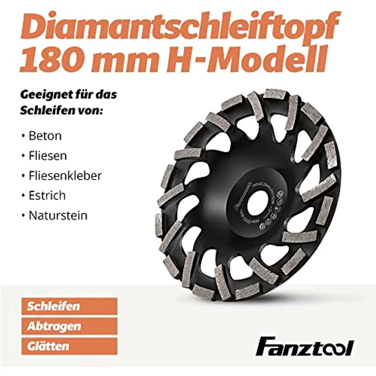 FANZTOOL Premium Diamant-Schleiftopf Abrasiv 180 mm x 22,2 mm Schleifteller Estrich, Asphalt, Putz, abrasive Baustoffe, TURBO-STAUBSAUGUNG-EFFEKT – Bild 4