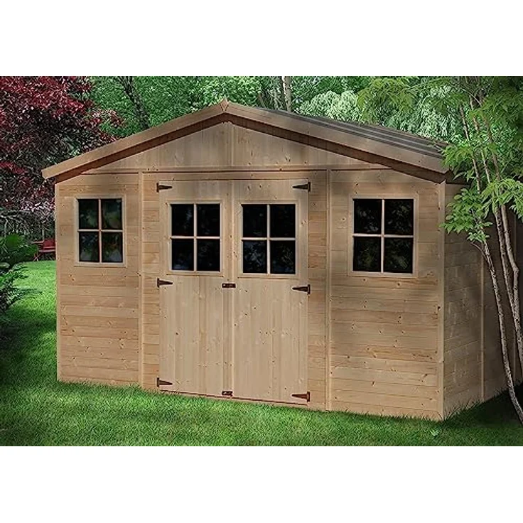 Holz Gartenschuppen MIT IMPRÄGNIERTEM Boden - Abstellkammer mit Fenstern - H246 x 418 x 320 cm/ 12 m² Naturholz-Shiplap-Schuppen - Gartenwerkstatt - Fahrrad- Geräteschuppen TIMBELA M331+331G – Bild 2