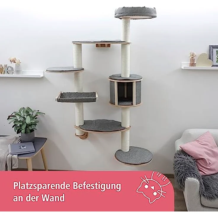 Kerbl Wandkratzbaum Dolomit XL Tofana, 1x Höhle / 1x Hängematte / 1x Bett / 4x Liegefläche / 7x Kratzsäulen mit Sisal, Abnehmbare Webstoffkissen, 185 x 115 cm, Grau - Preisvergleich – Bild 2