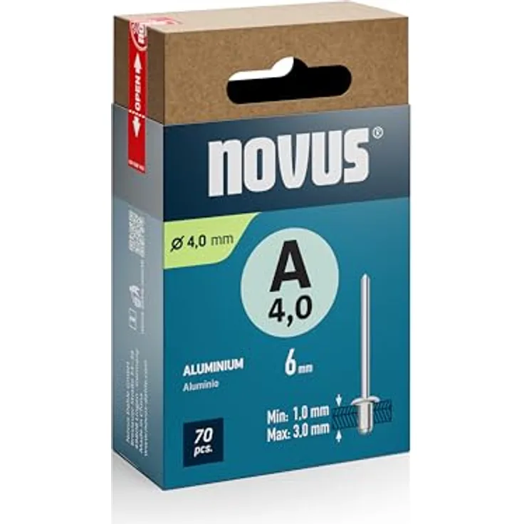 Novus Tools Aluminium-Blindnieten Ø 4,0 mm, 6 mm Länge, 70 Nieten, 1,0-3,0 mm Klemmlänge, ideal für Nichteisen-Metall, Kunststoff, Leder und Stoffe