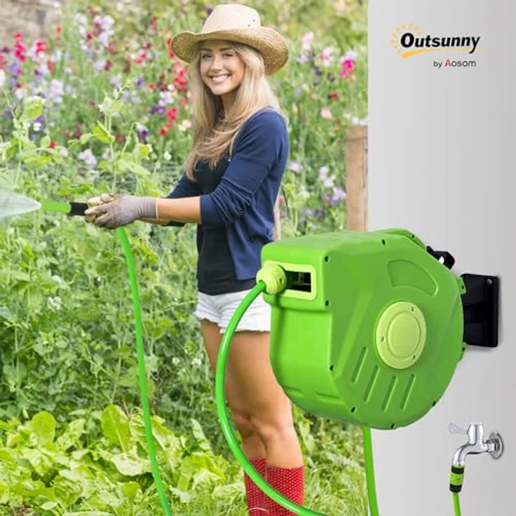 Outsunny Schlauchtrommel Automatik, 15m Gartenschlauch, grün – Bild 3