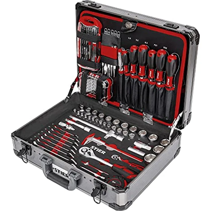 STIER Universal-Werkzeugsortiment im Aluminiumkoffer 144-teilig, Werkzeugkoffer bestückt gefüllt, Werkzeug Set, 4 Fächer mit Schraubendrehern, Scheren, Zangen, Säge u.v.m.
