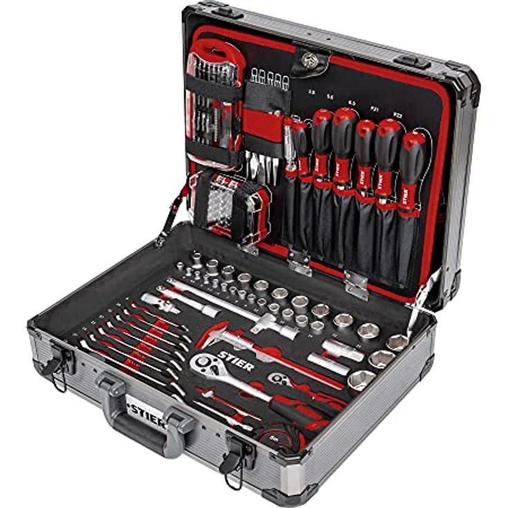 STIER Universal-Werkzeugsortiment im Aluminiumkoffer 144-teilig, Werkzeugkoffer bestückt gefüllt, Werkzeug Set, 4 Fächer mit Schraubendrehern, Scheren, Zangen, Säge u.v.m. – Bild 1