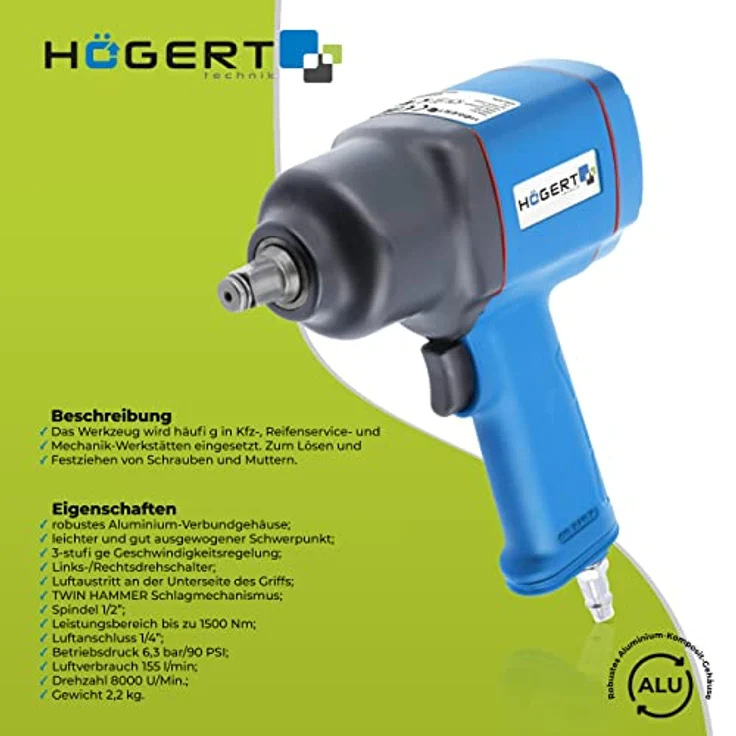 Högert Technik Pneumatischer Schlagschrauber 1/2" Twin Hammer, bis 1500 Nm, 3 Betriebsbereiche, Links/Rechts Drehrichtungsumschalter, HT4R623 – Bild 2