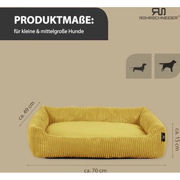 Rohrschneider Hundebett waschbar, für kleine und mittelgroße Hunde, mit Wendekissen aus Cordstoff, 2 Größen (ca. 55x42 cm / ca. 70x50 cm), inkl. Gassibeutel (Senf) – Bild 3