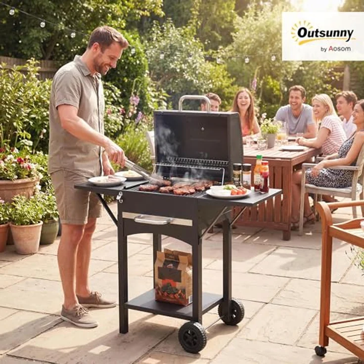 Outsunny Holzkohlegrill BBQ Smoker mit Deckel, 46x31 cm Grillfläche, 2 Seitentischen, Thermometer, Räder, Schwarz, 110 x 46,5 x 101 cm – Bild 2