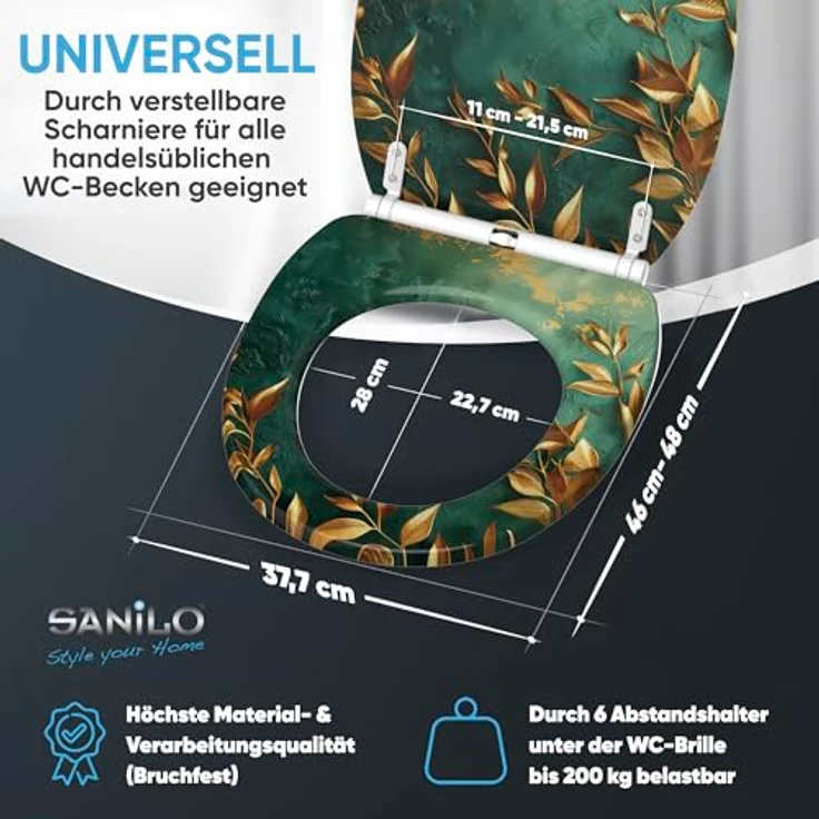 Sanilo WC Sitz Greego, mit Absenkautomatik und antibakterieller Beschichtung, hochwertiges Holz, 4-seitig bedruckt, verstellbare Scharniere – Bild 5
