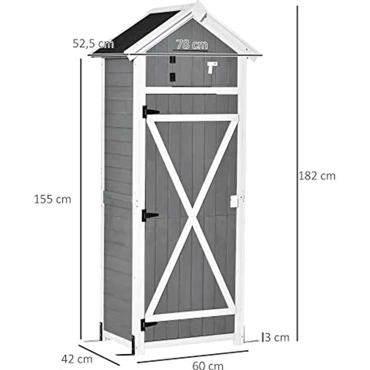 Outsunny Gartenschrank Holz Gerätehaus mit Tür Dach Geräteschuppen mit Hacken Gartenlagerschrank Faltbarer Tisch Outdoor Grau 78 x 52,5 x 182 cm – Bild 3