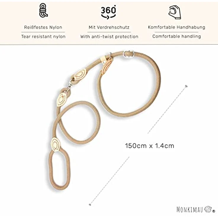MONKIMAU Hundeleine mit Zugstopp Halsband Set für große Hunde, Nylonleine 1,4cm x 150cm, beige, reißfest mit 360 Grad Verdrehschutz – Bild 3